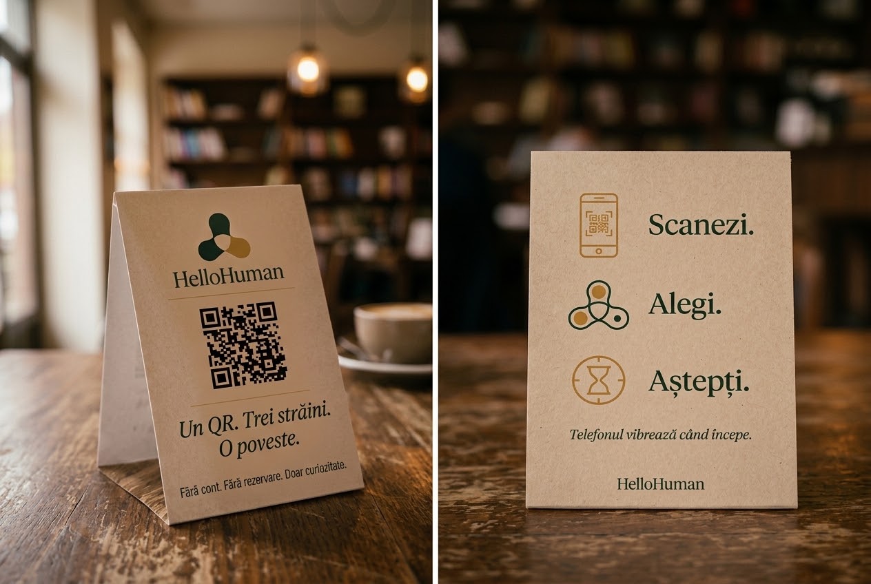 Cartonașul HelloHuman cu cod QR, față și spate.