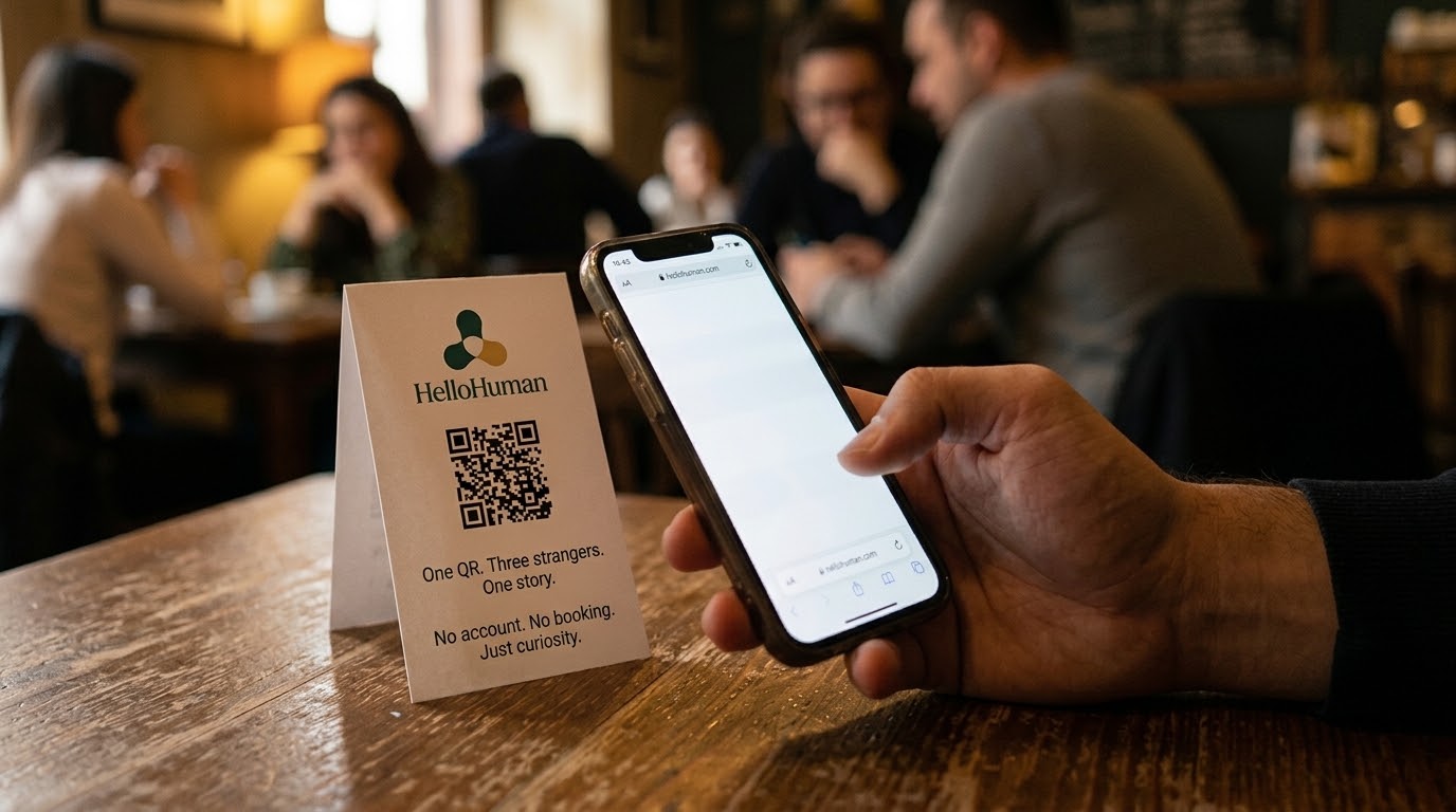 Cartonaș HelloHuman cu cod QR, scanat cu telefonul, pe o masă de bar.
